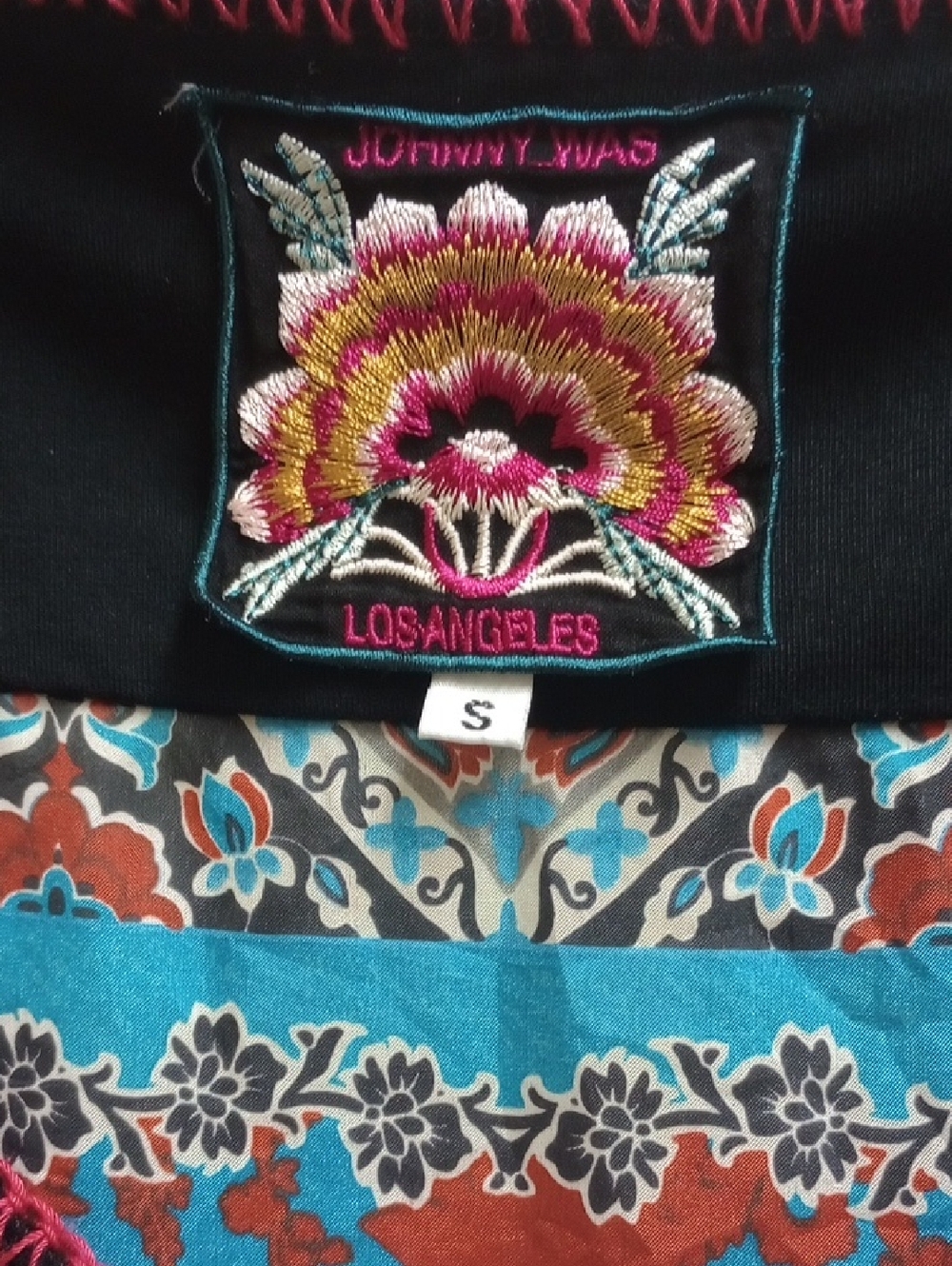 JOHNNY WAS SILK BOHO SHORT SLEEVE TUNIC SHIRT WITH SILK BACK FLORAL PANEL - Picture 5 of 8